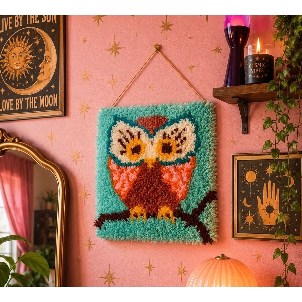 Vintage WonderArt Latch Hook Rug/Wall Hanging OWL  12x12 Tapestry Needlepoint
